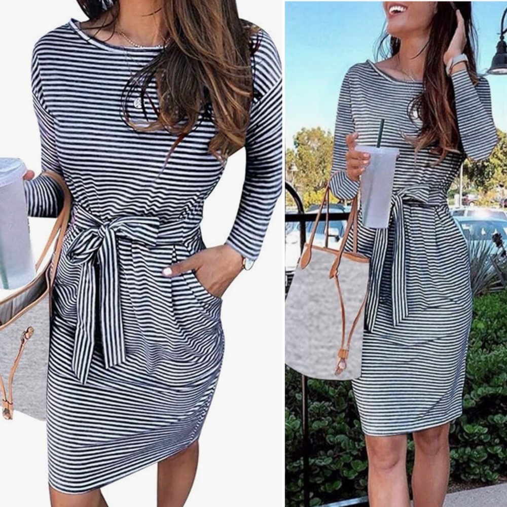 Striped Long Sleeve T-Shirt Dress with Pockets Womens Medium